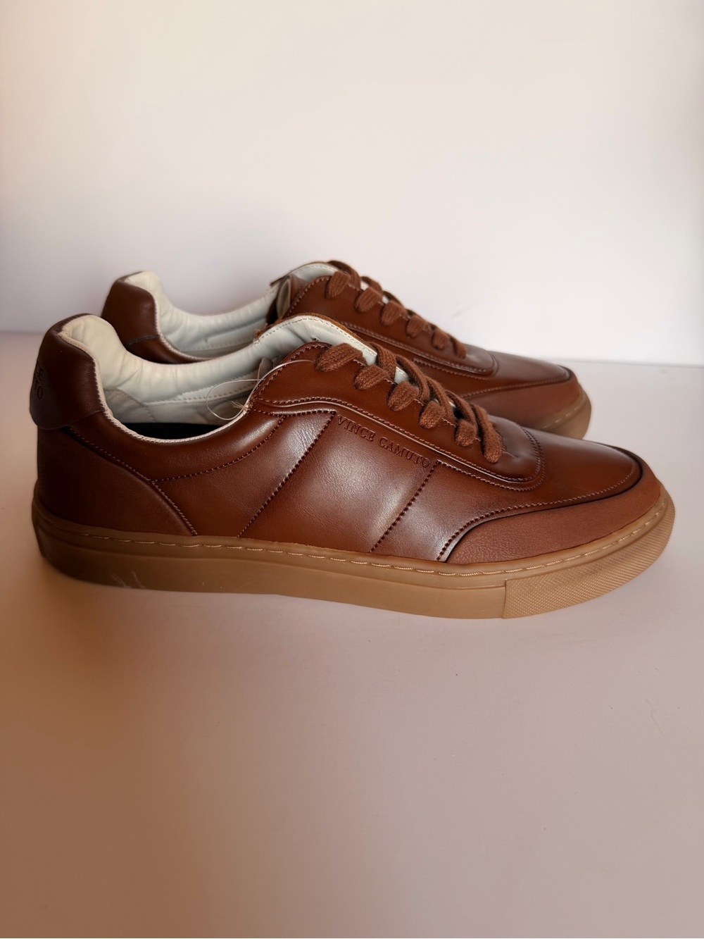 Vince Camuto Men’s Size 8.5 Brown Leather Lace-Up Casual Sneakers Round Toe Logo